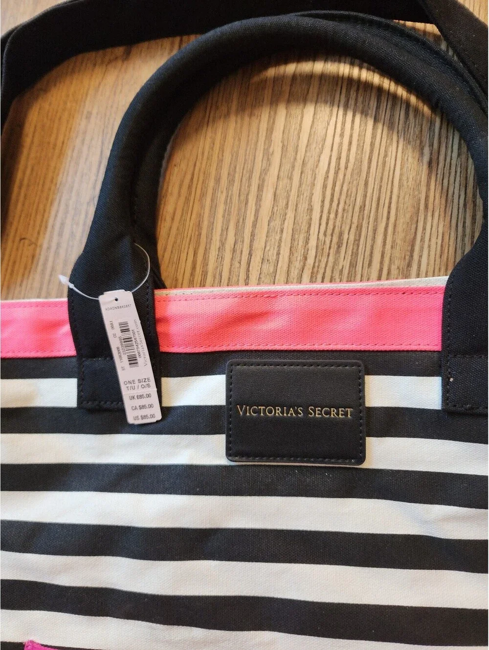 Victoria's Secret Black and White Striped Tote Bag with Pink Accents and Front P